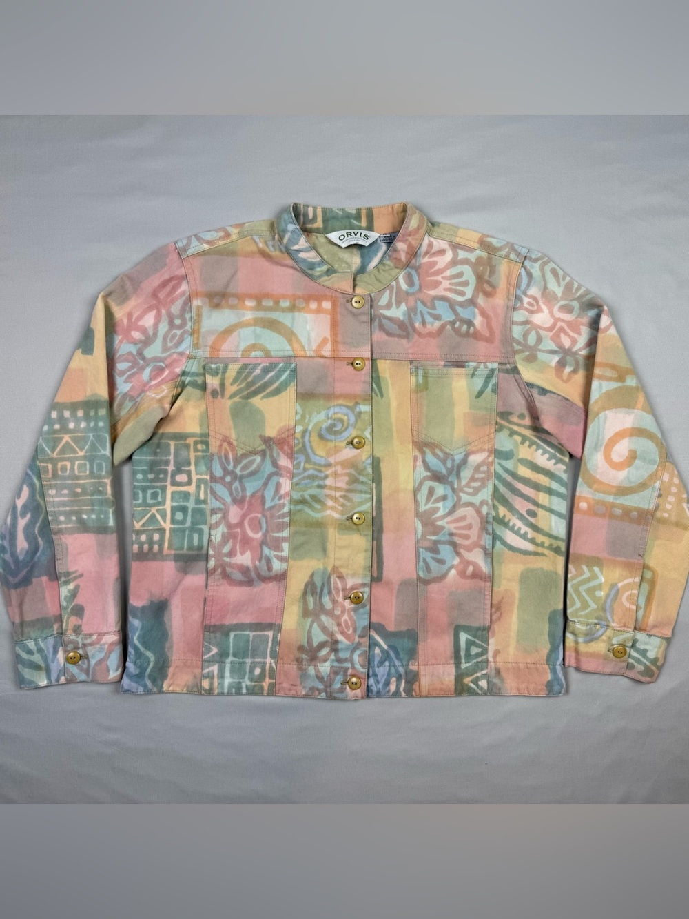 Vtg Orvis Women’s Mandarin Collar Jacket Sz Medium Pastel Abstract Floral A4